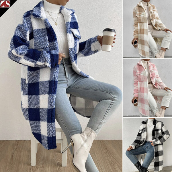 Button Lapel Plush Plaid Coat for Women