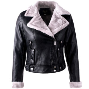 Large Lapel Long Sleeves Plus Velvet Thick Leather Jacket Women