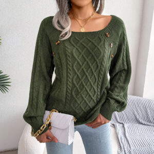 Square Neck Knitted Sweater With Button Design Winter Warm Long Sleeve Tops Women’s Clothing