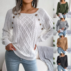 Square Neck Knitted Sweater With Button Design Winter Warm Long Sleeve Tops Women’s Clothing