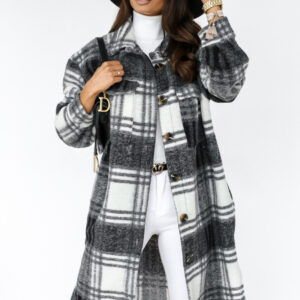 Button Lapel Casual Warm Plaid Long Woolen Coat